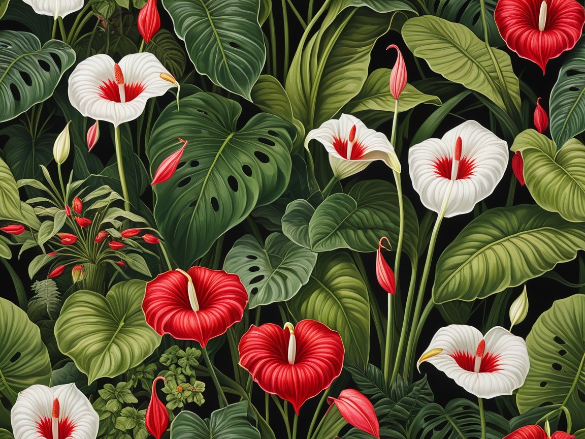 Vibrant Tropical Scene with Lush Foliage and Flowers
