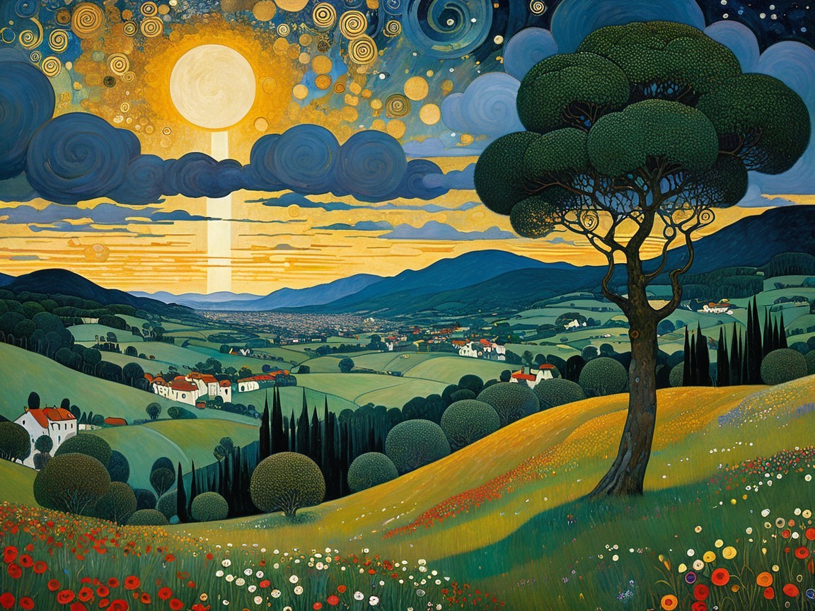 Vibrant Landscape with Swirling Sky and Village