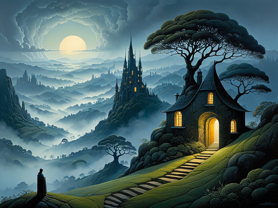 Mystical Landscape with Moonlit Cottage and Castle