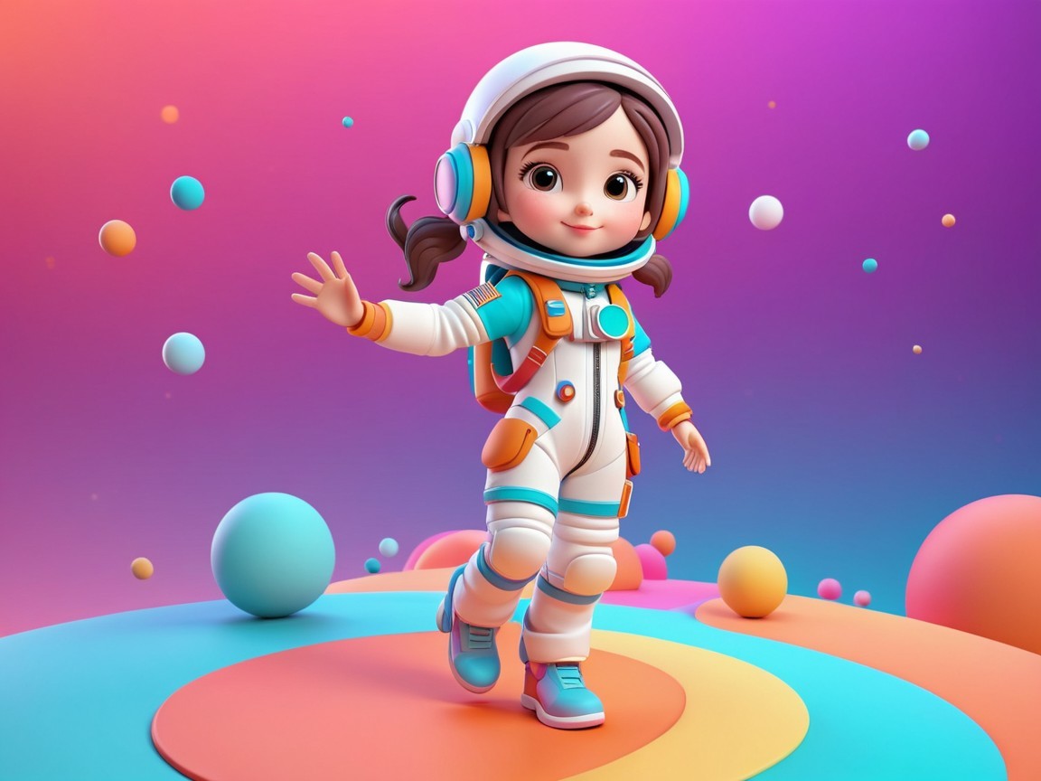Cartoon Girl Astronaut in Abstract Colorful Landscape