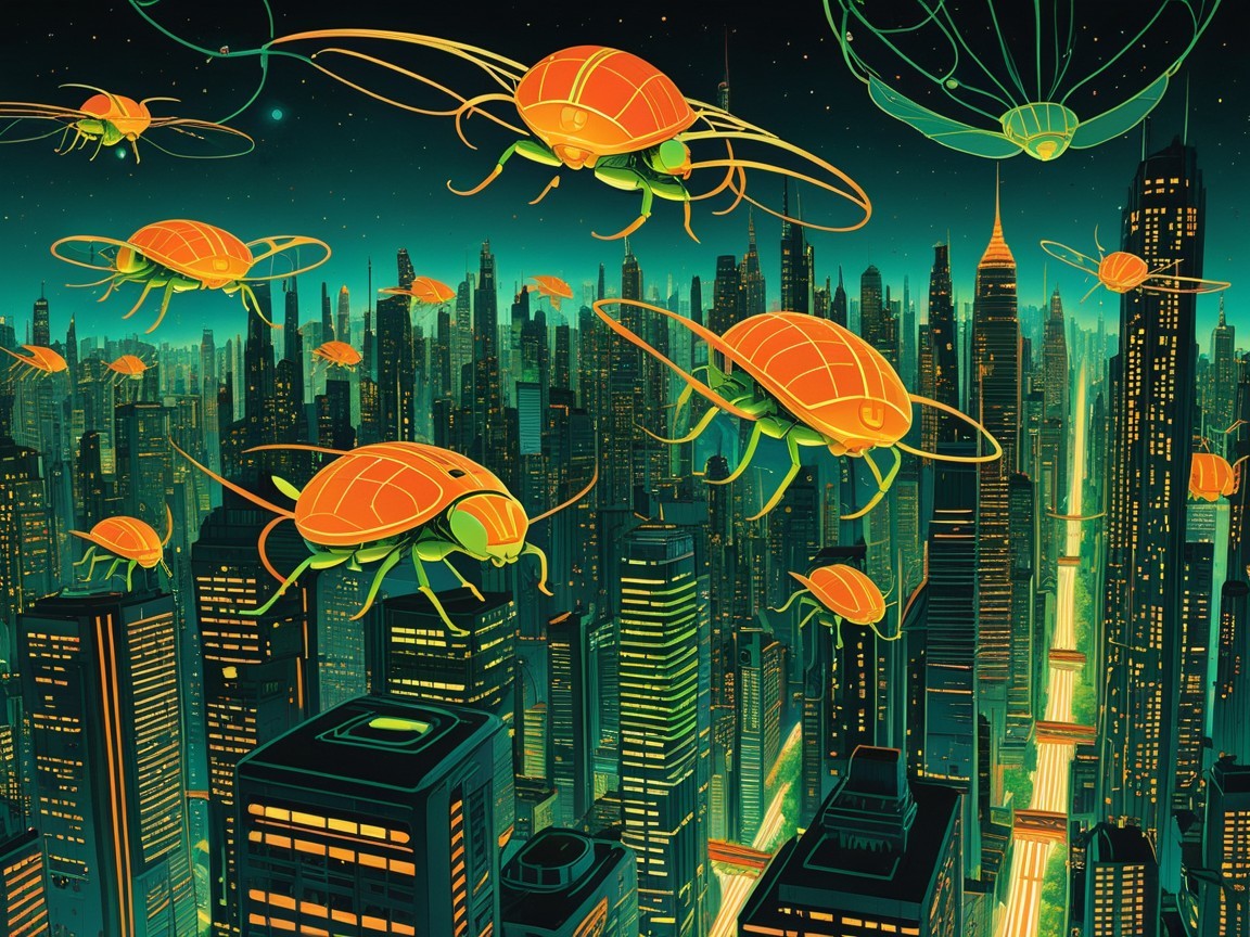 Urban Cityscape with Colorful Buildings and Creatures