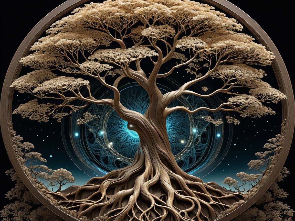 Intricate Tree Design Against Cosmic Background