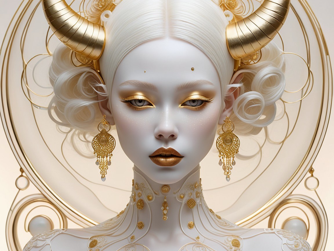 Ethereal figure with white hair and golden horns