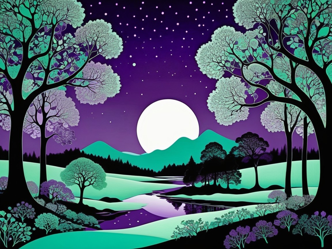 Vibrant Moonlit Landscape with Serene River and Hills