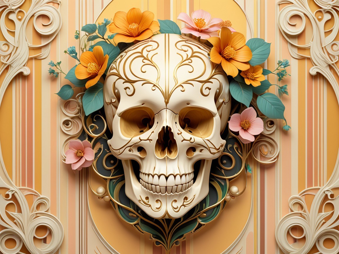 Ornate Sugar Skull on Striped Beige and Yellow Background