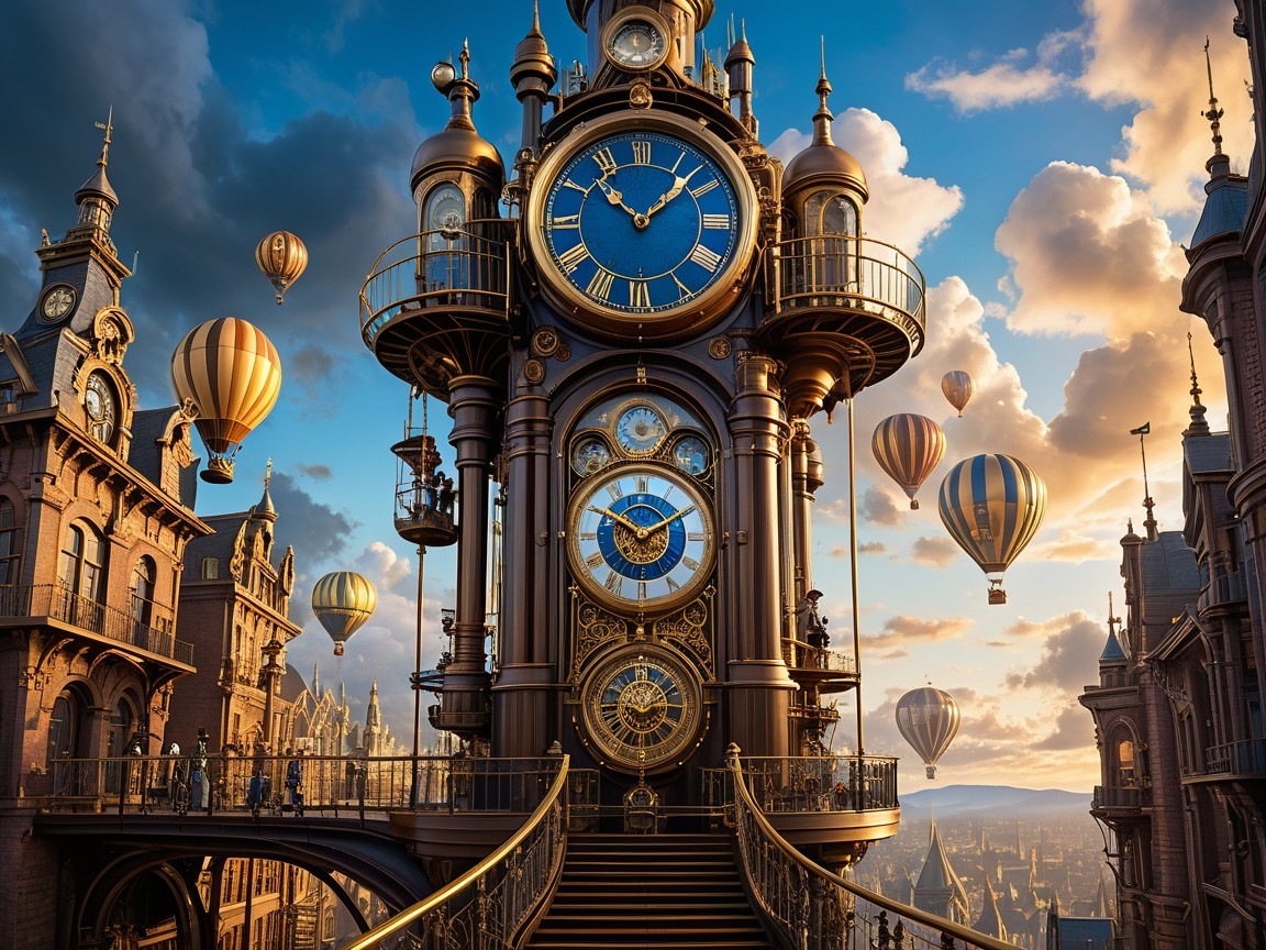 Steampunk Clock Tower with Hot Air Balloons at Sunset