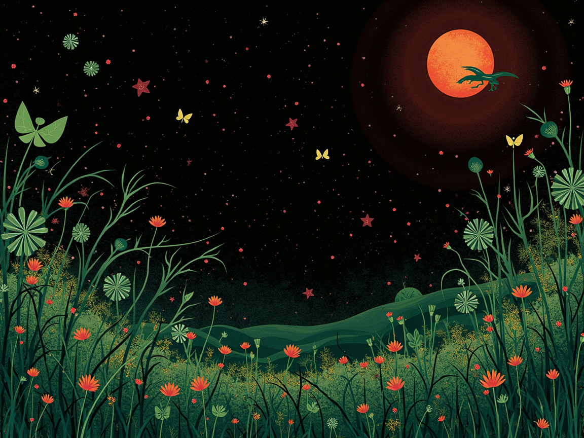 Whimsical Night Sky with Red Moon and Dragon Illustration