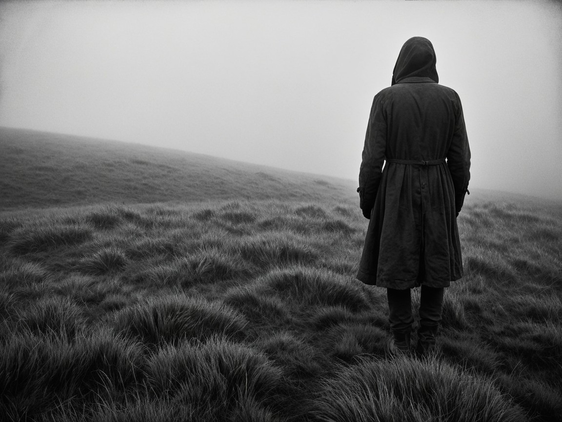 Solitary Figure in Foggy Monochrome Landscape