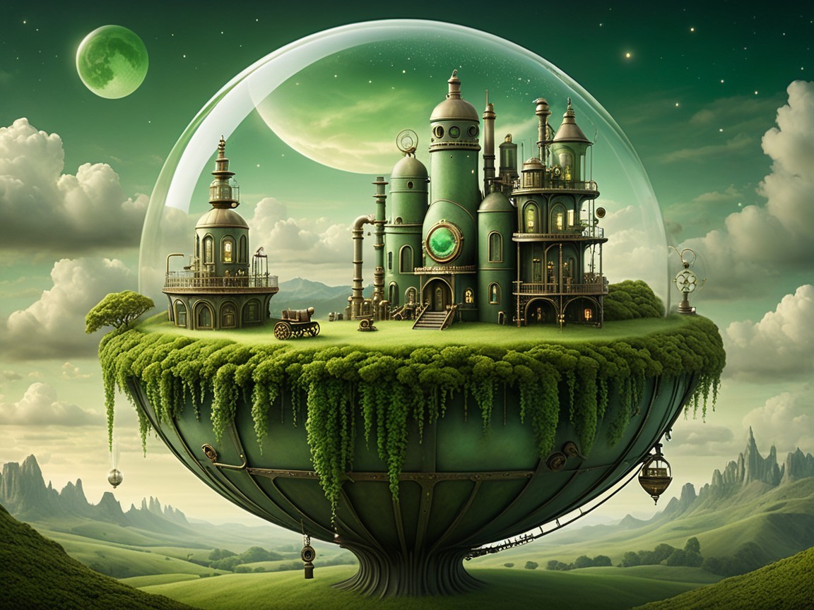 Floating City in a Translucent Dome Above Island