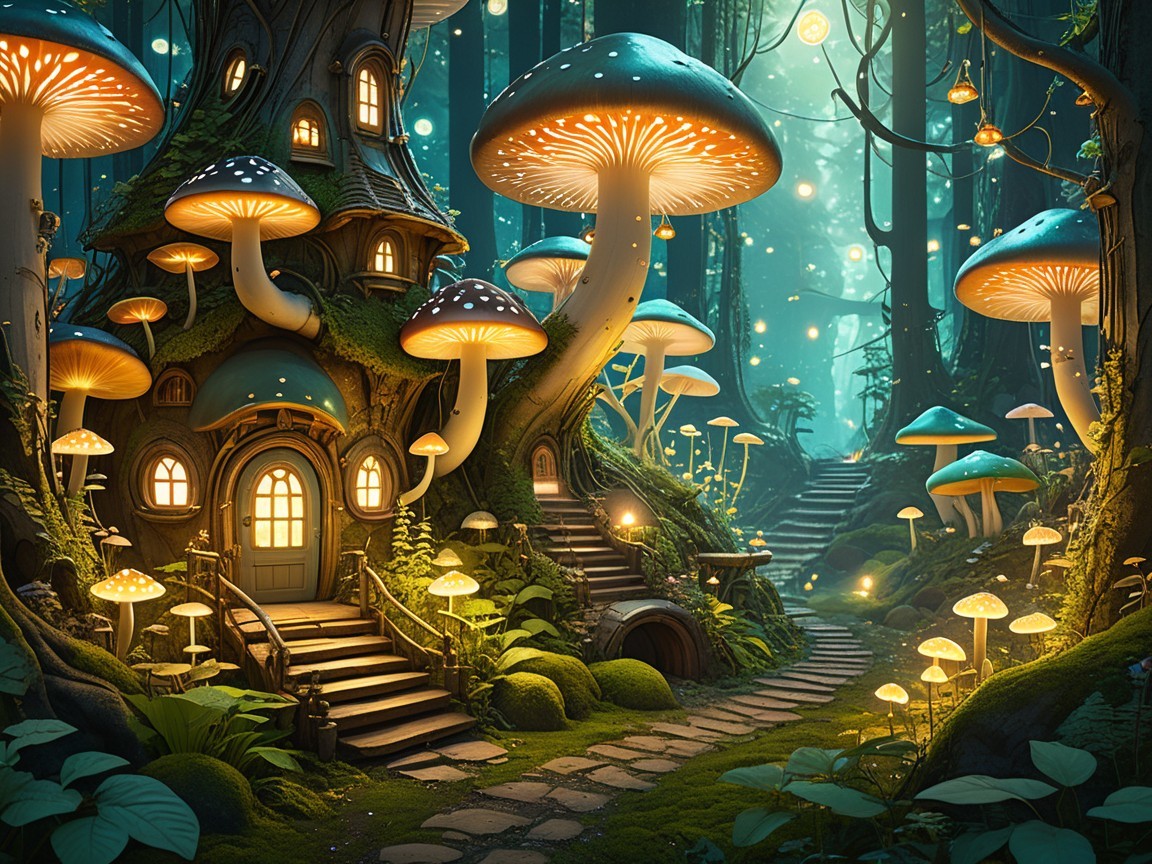 Whimsical Forest Scene with Fairy-Tale Mushroom House