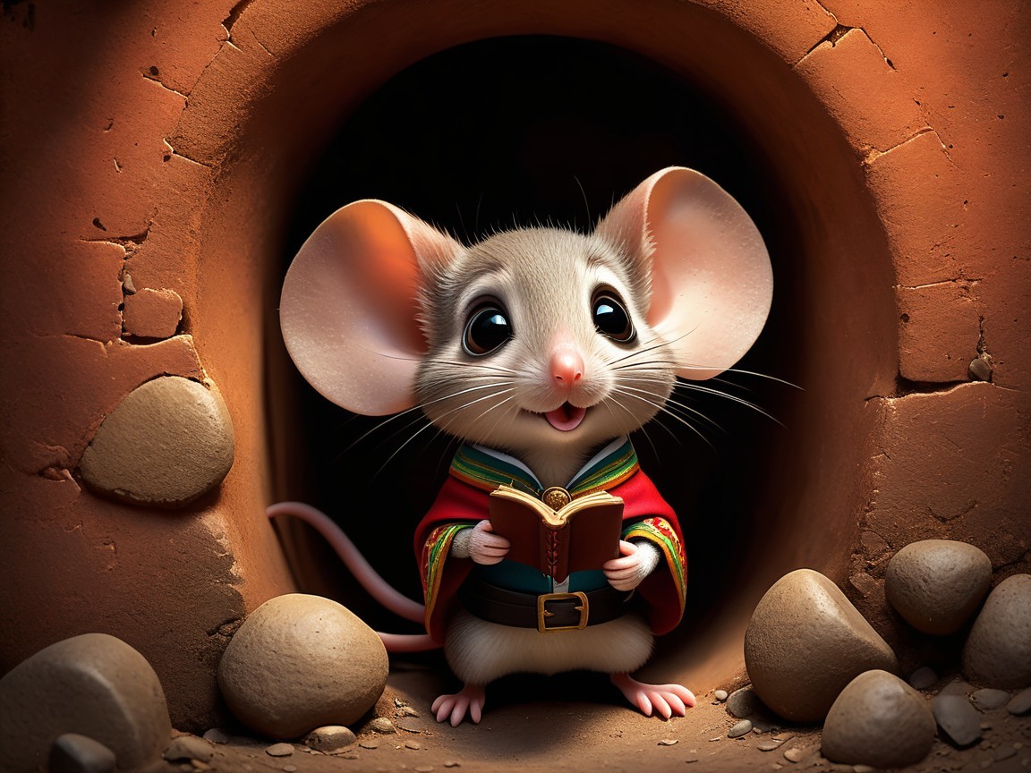 Cartoon Mouse at Cozy Burrow Entrance with Book