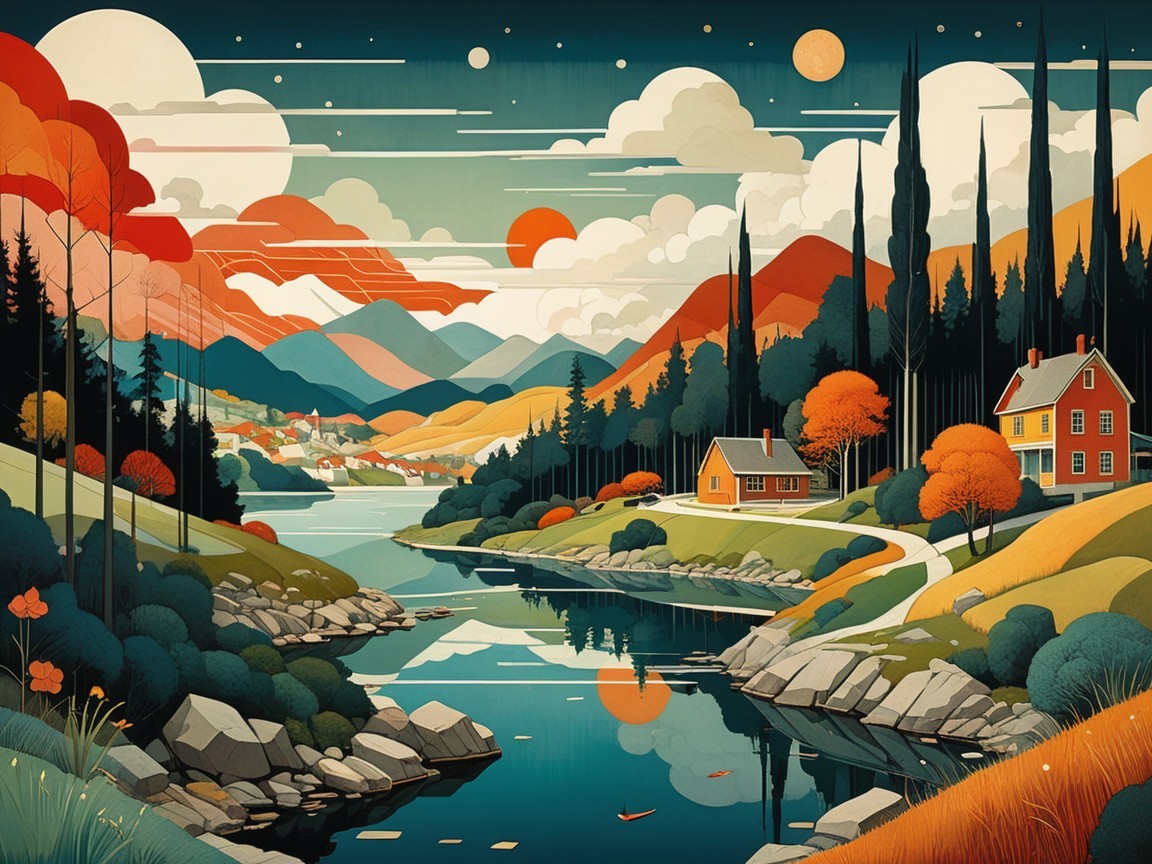 Serene Lake Landscape with Autumn Foliage and Mountains