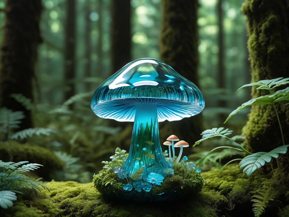 Translucent Blue Mushroom in a Lush Forest Setting