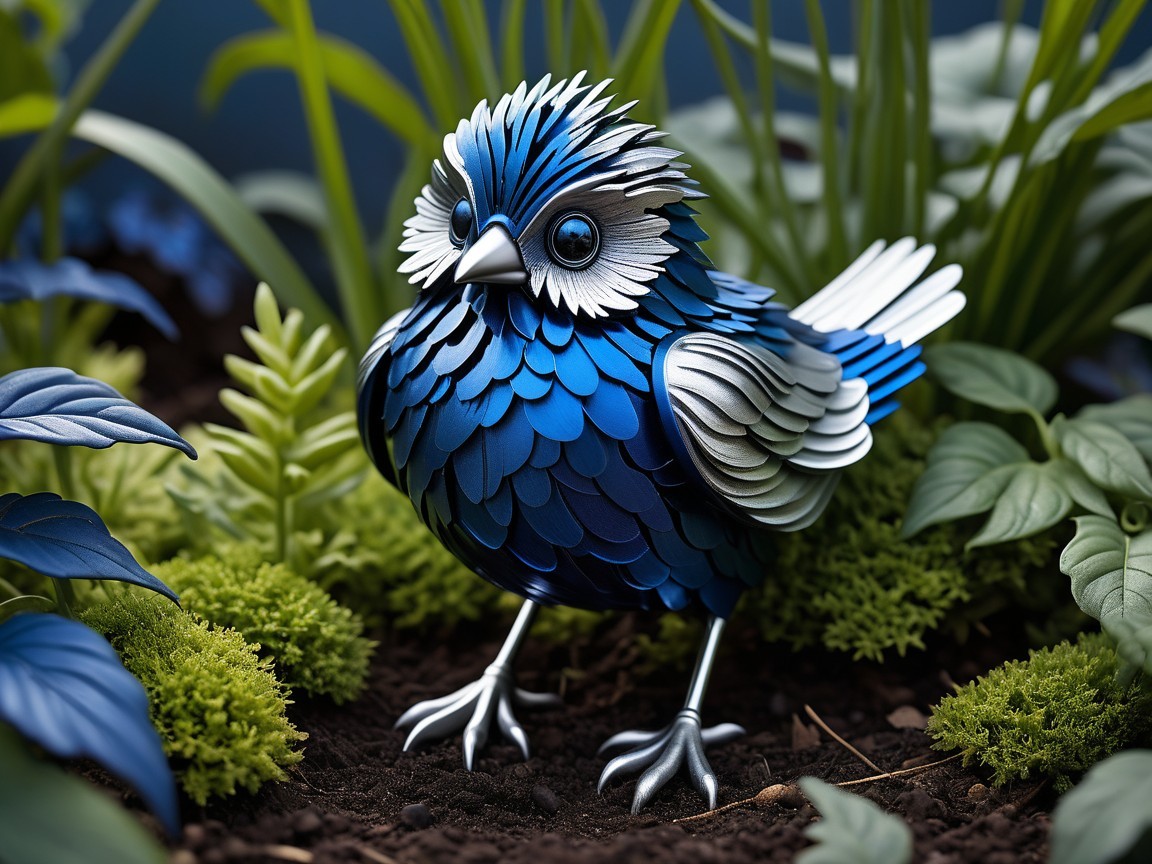 Metallic Blue Bird in Lush Garden Setting