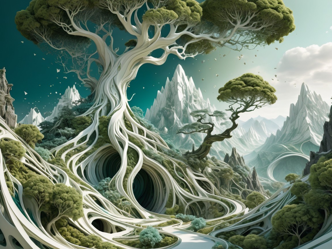 Surreal Landscape with Majestic Tree and Mountains