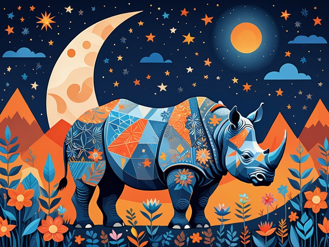 Vibrant Nocturnal Scene with Geometric Rhinoceros