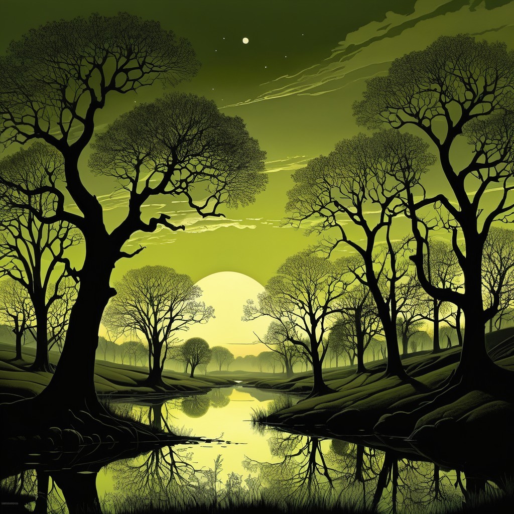 Silhouetted Trees and Green Sky in Serene Landscape