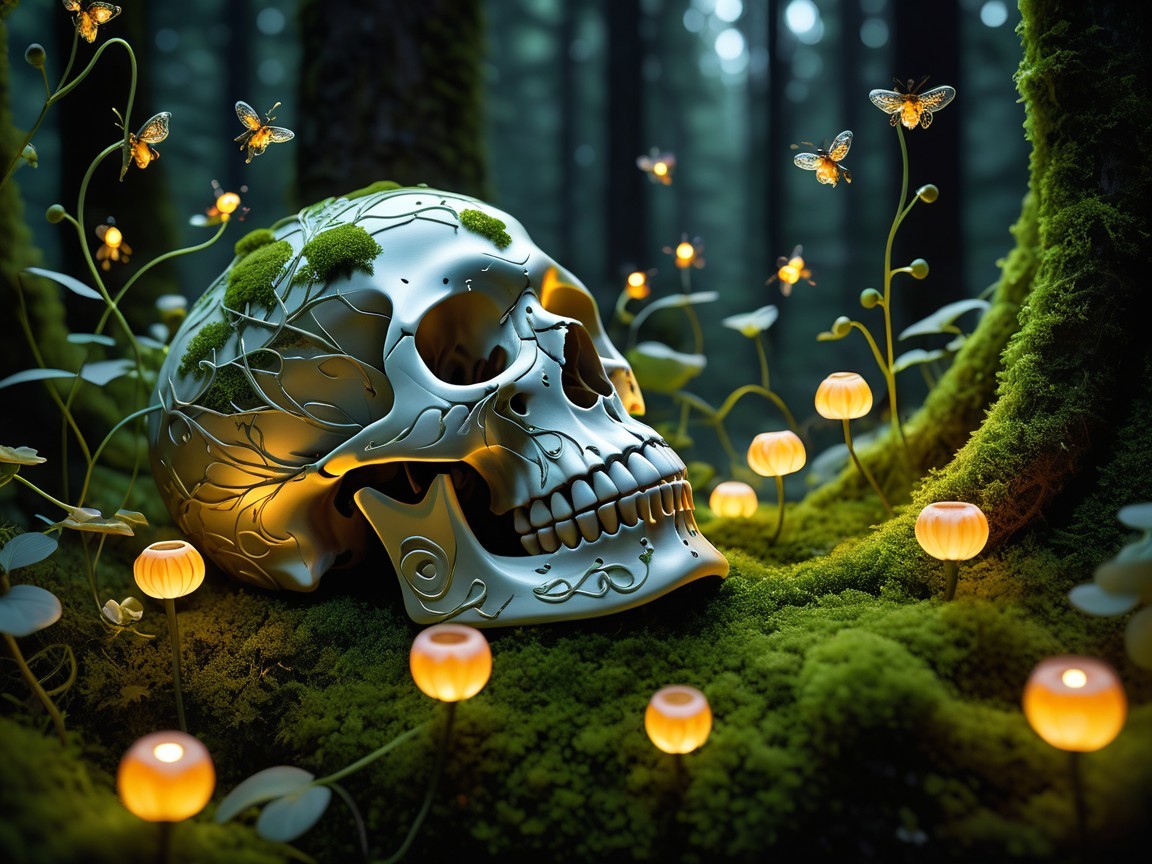 Decorative Skull with Golden Filigree in Forest Moss