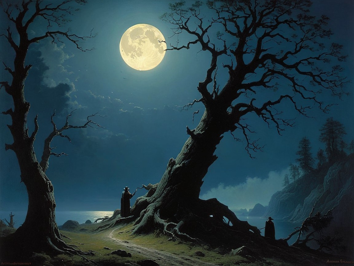 Nighttime Landscape with Moonlit Water and Trees