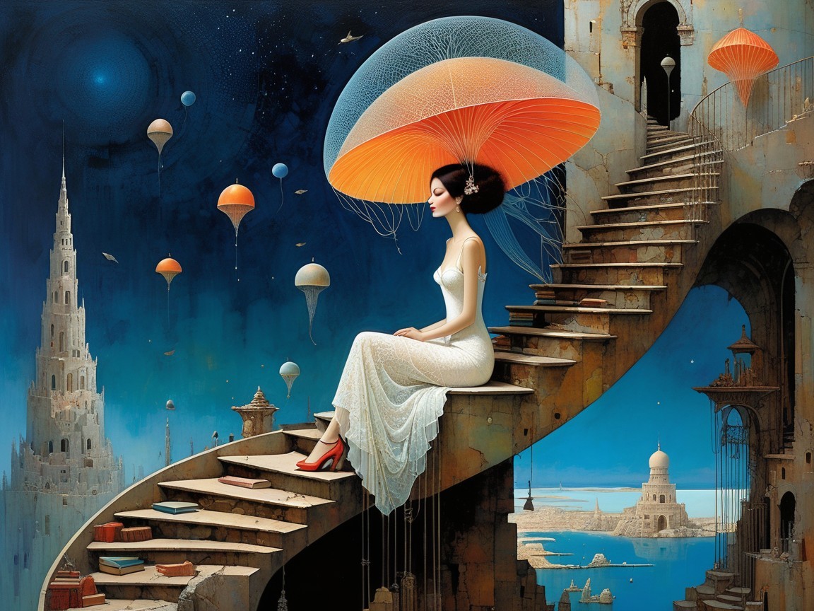Serene figure on staircase in surreal cityscape setting