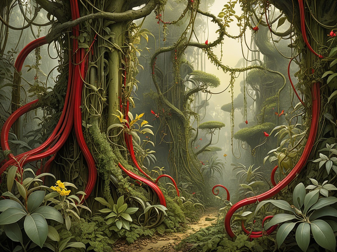 Lush Jungle with Towering Trees and Vibrant Flora