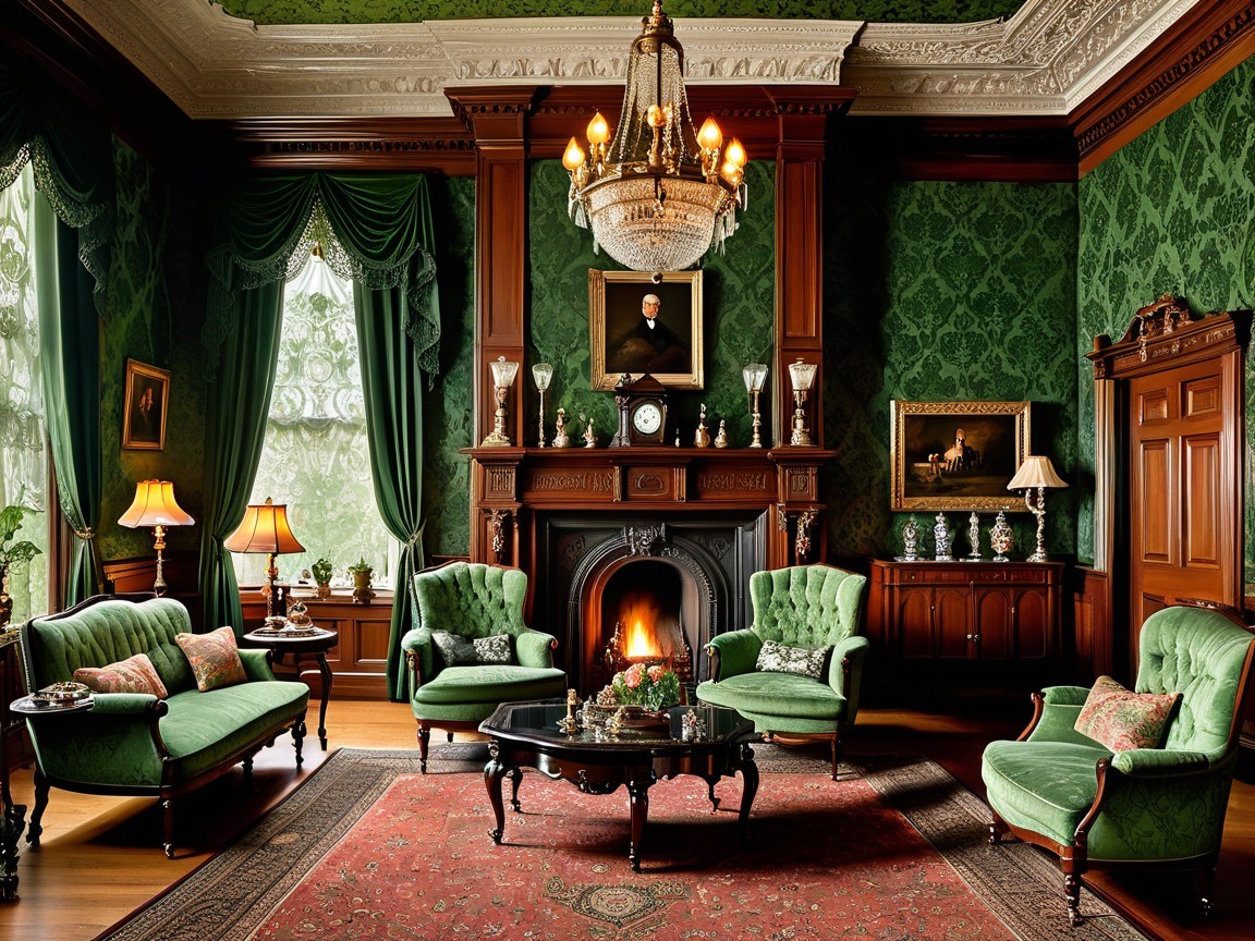 Elegant Room with Dark Wood and Green Accents