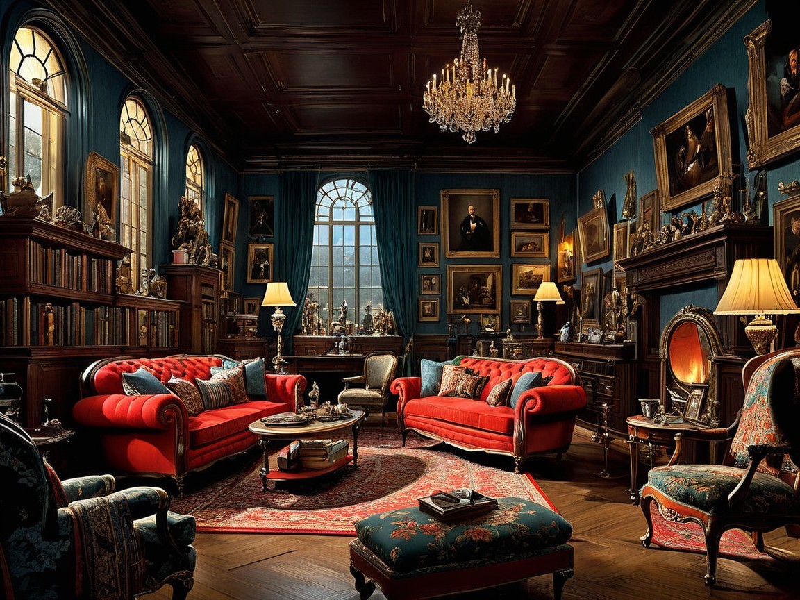 Opulent Room with Deep Blue Walls and Luxurious Decor