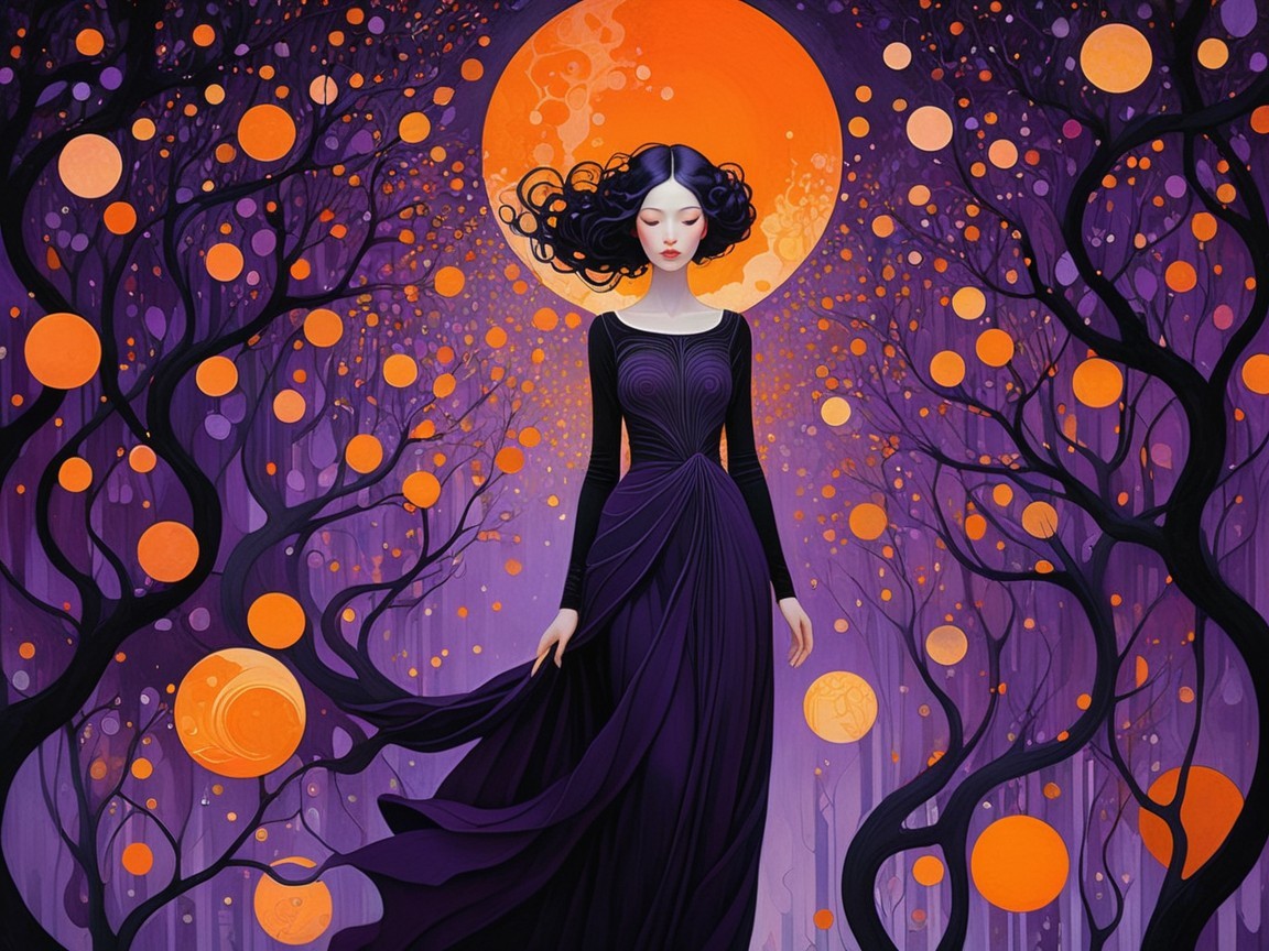 Mysterious Figure in Black Gown Under Orange Moon