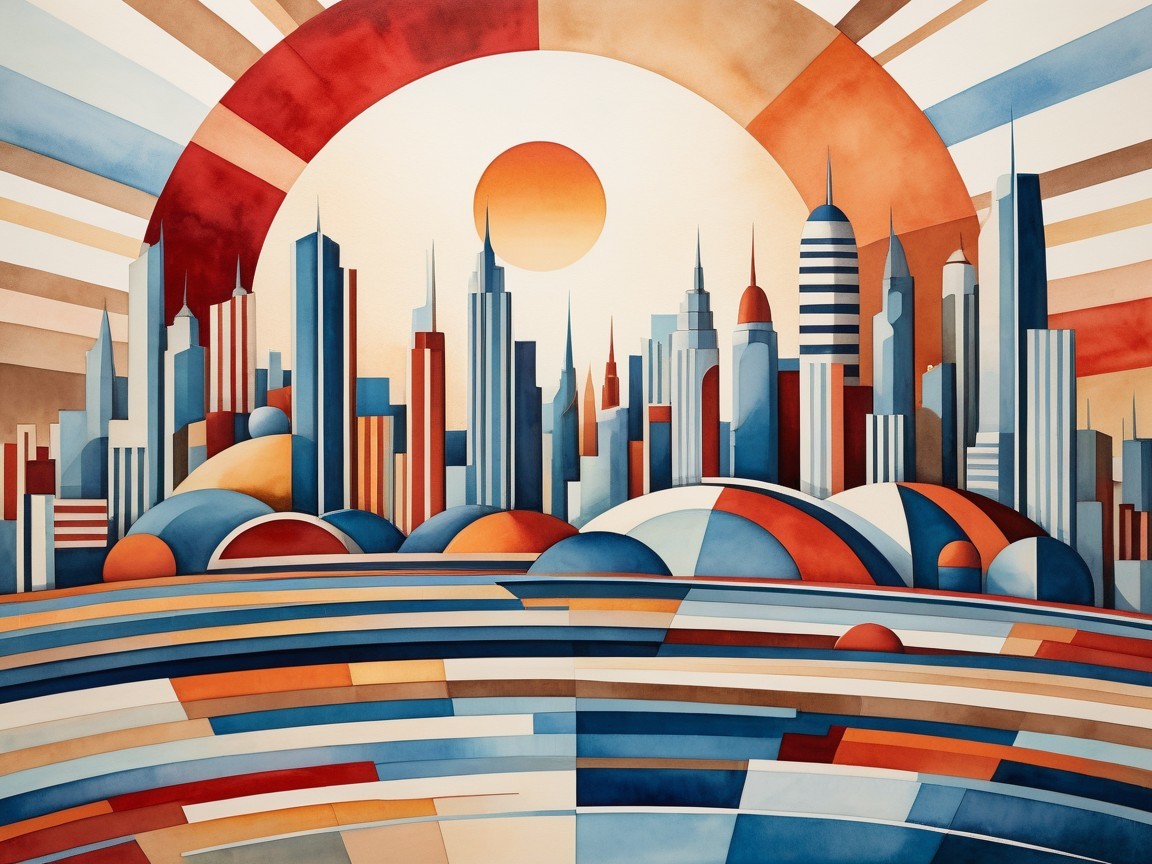 Vibrant Abstract Cityscape with Skyscrapers and Sun
