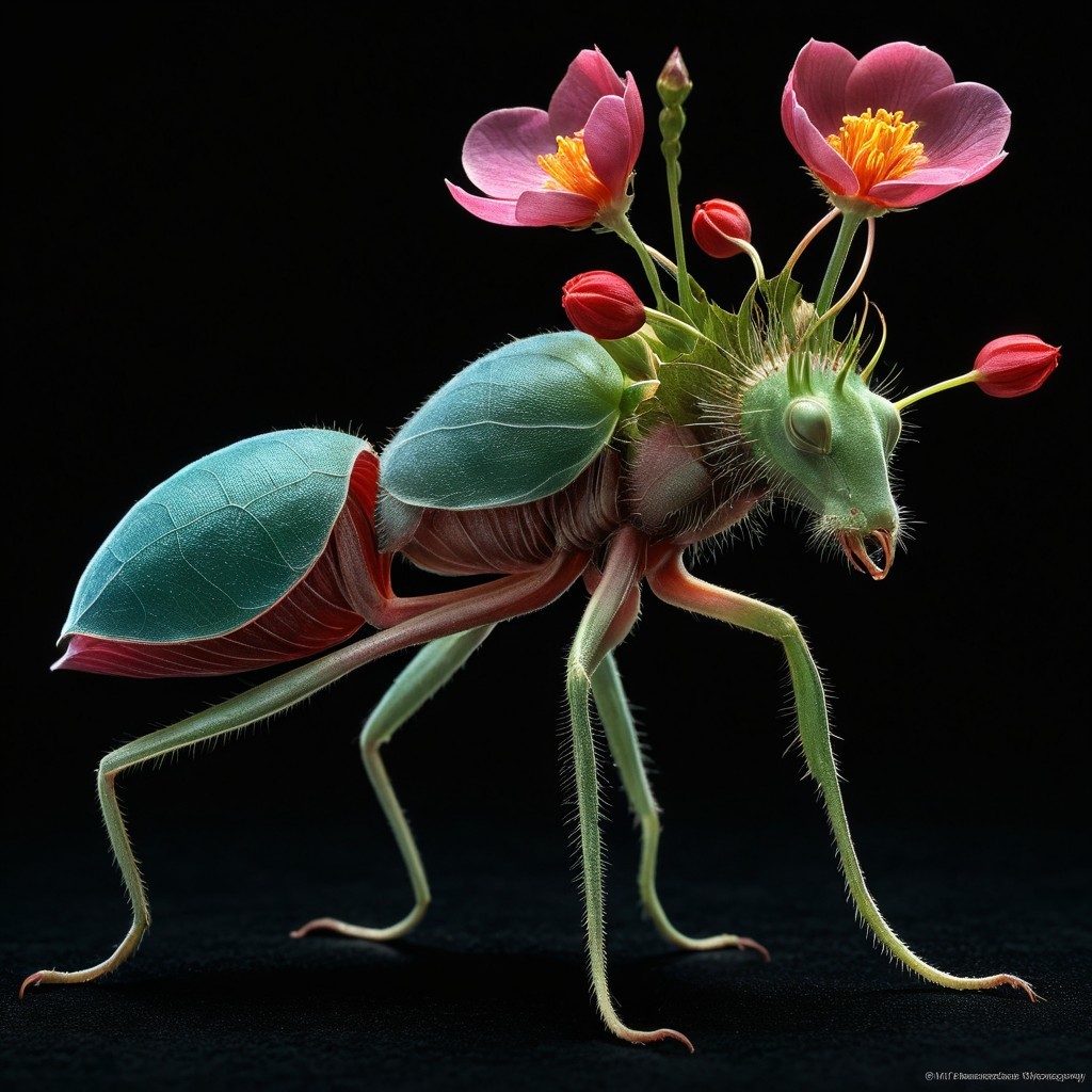 Colorful Ant-Like Creature with Floral Accents