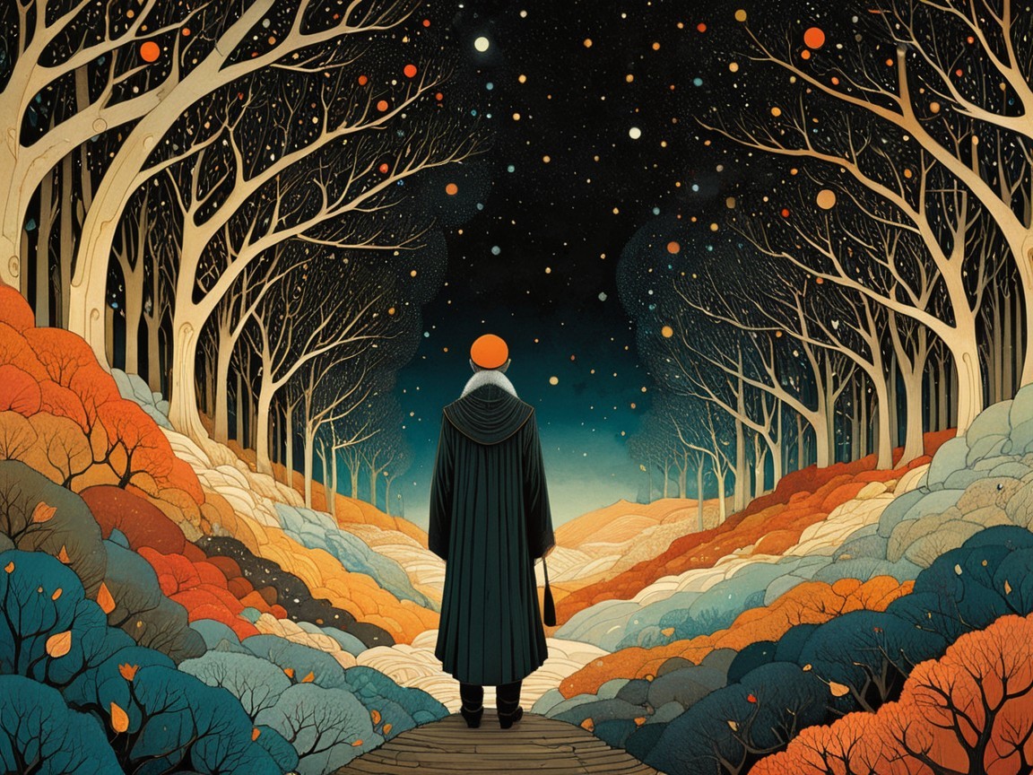 Contemplative Figure on a Colorful Forest Path