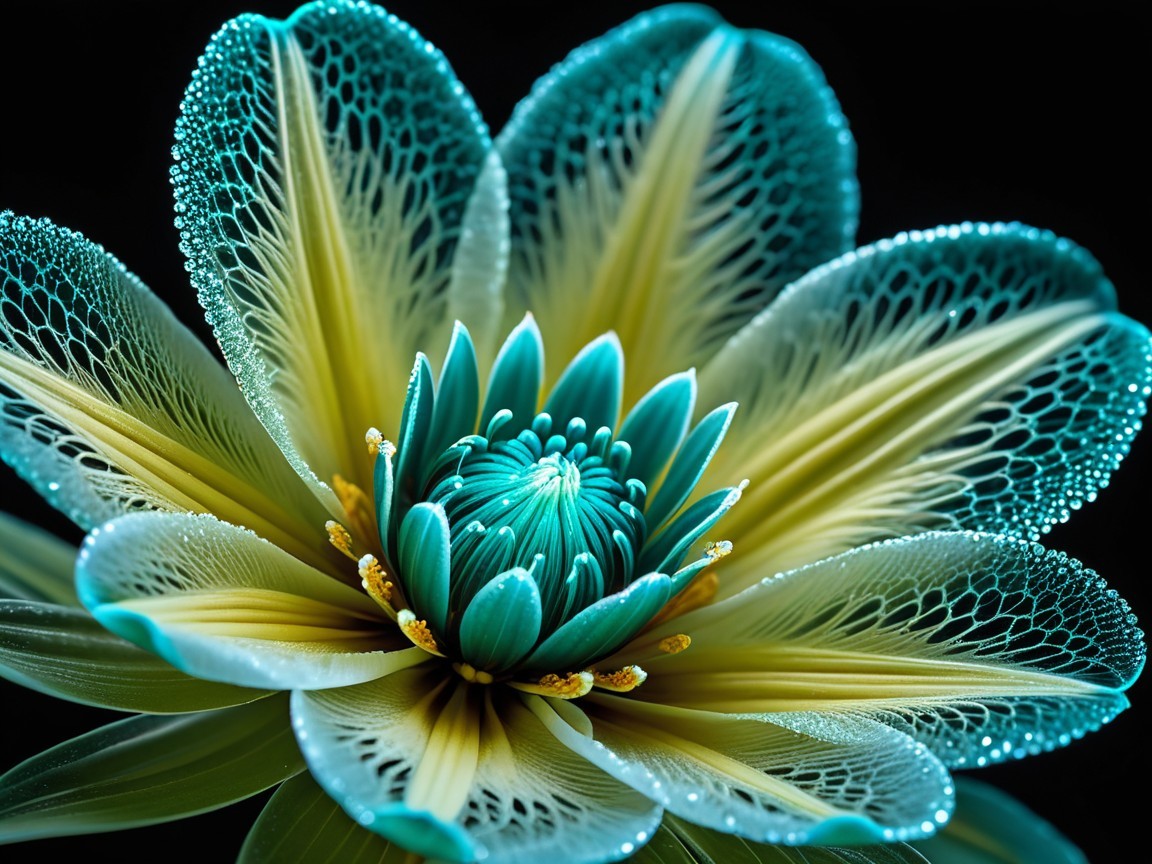 Intricate Turquoise and Yellow Flower with Water Droplets