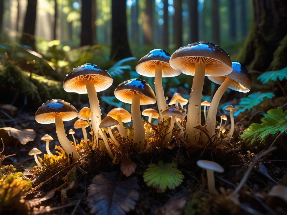 Mushrooms in a serene forest with dappled sunlight