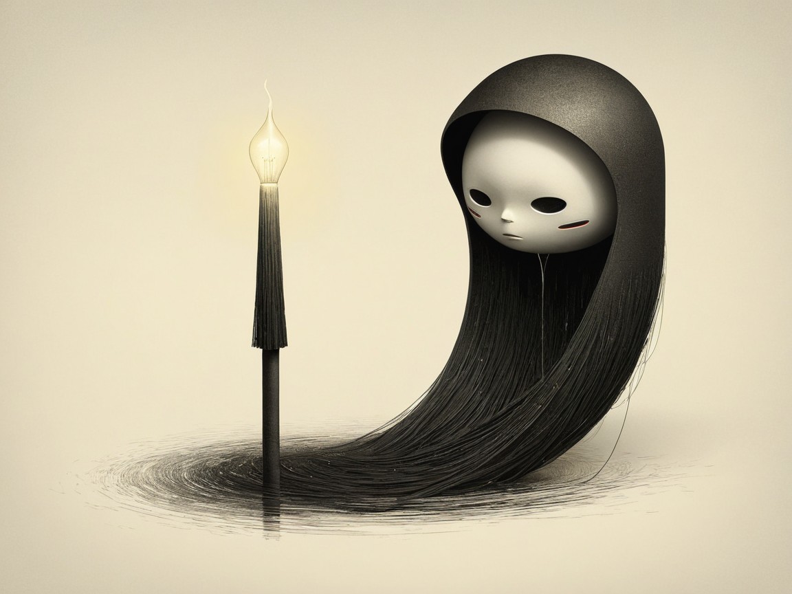 Haunting Doll Figure in Black Cloak with Candlelight
