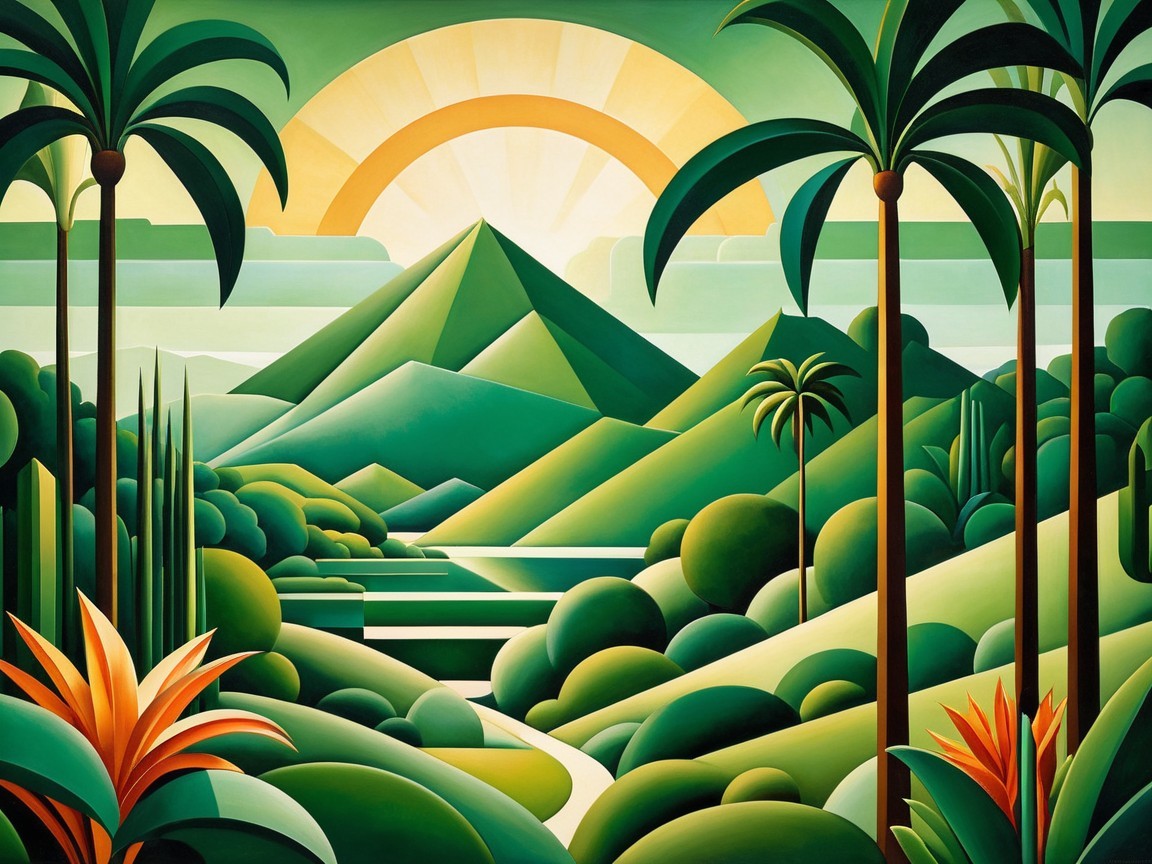 Vibrant Landscape Painting with Geometric Shapes and Colors