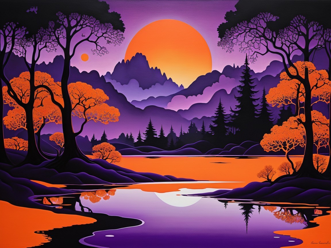 Vibrant Sunset Over Serene Lake with Silhouetted Trees