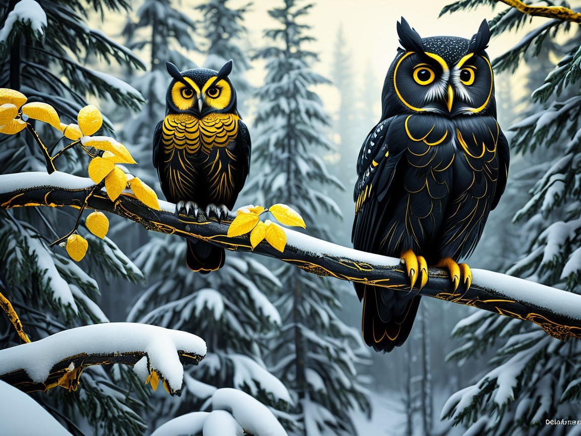 Stylized Owls on Snowy Branch in Winter Forest