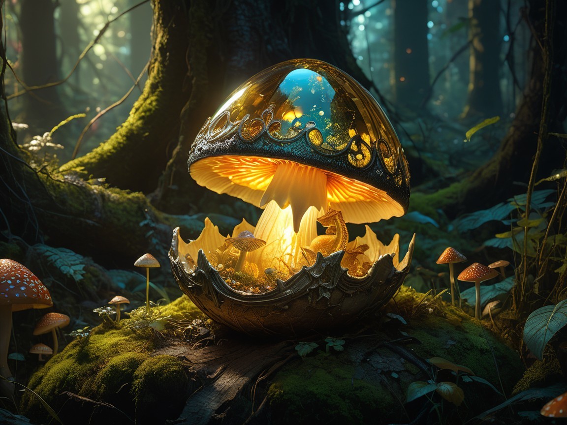 Illuminated Mushroom Structure in a Lush Forest