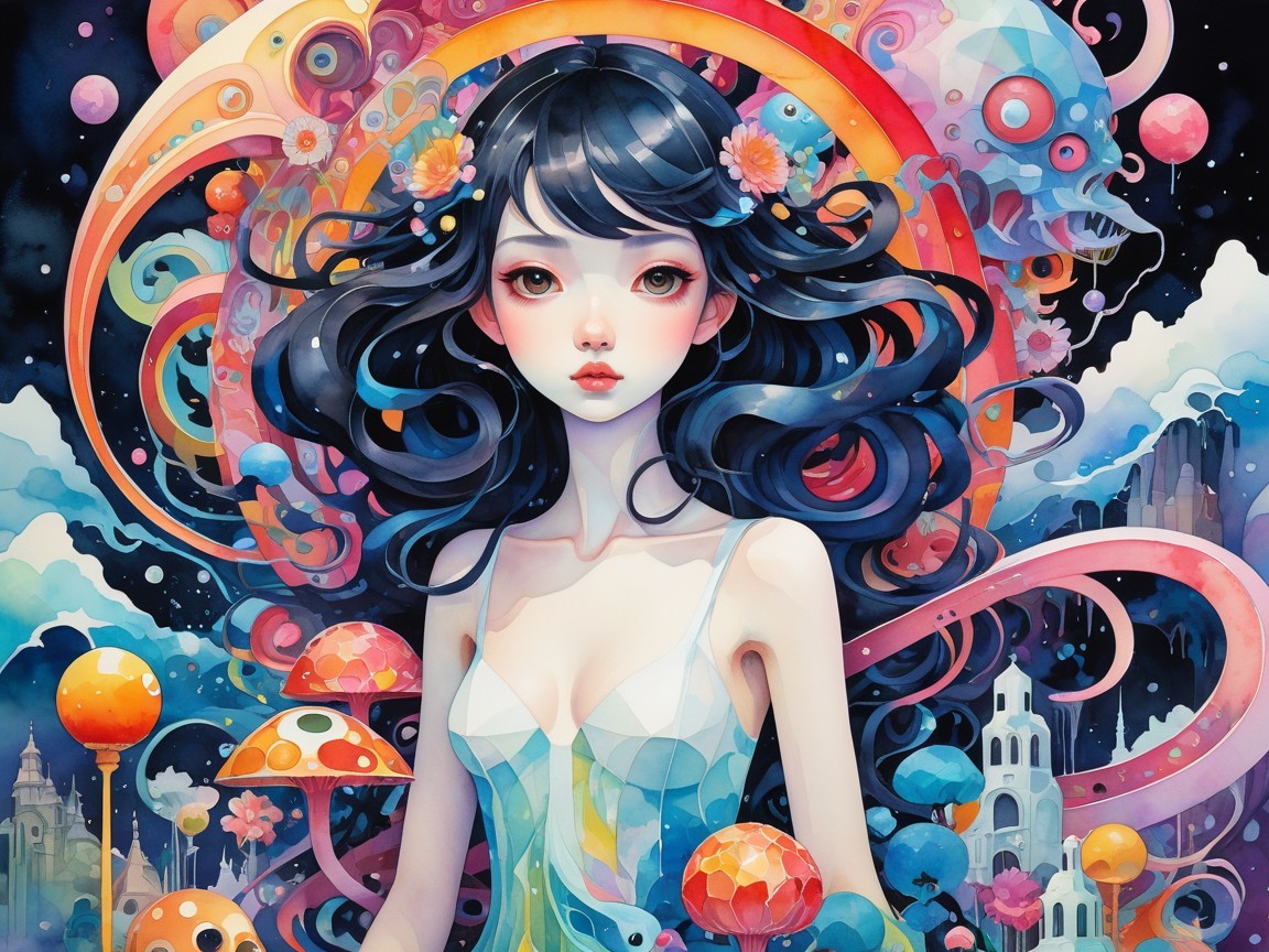 Whimsical Illustration of a Flower-Adorned Girl