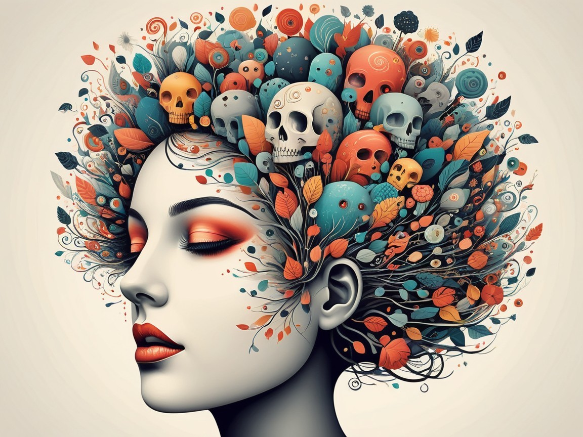 Colorful Hair and Nature Elements in Surreal Artwork