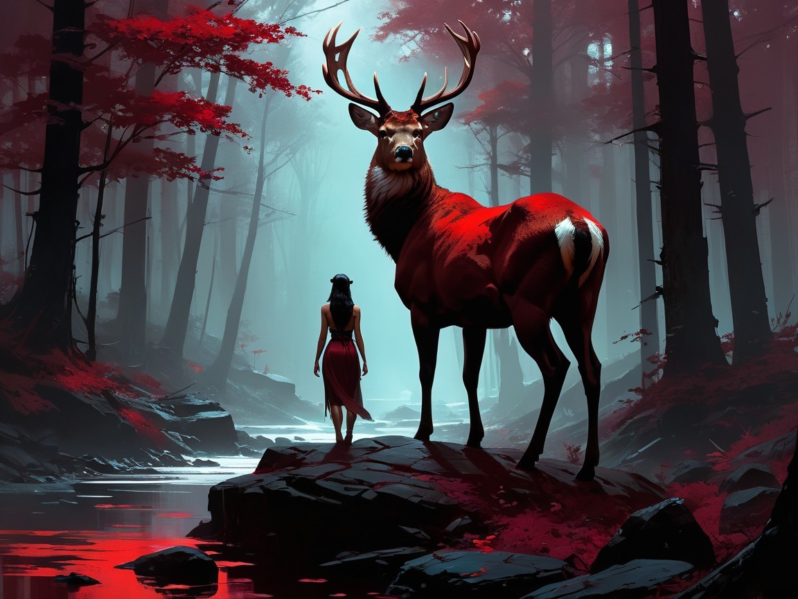 Mystical forest scene with woman and majestic stag
