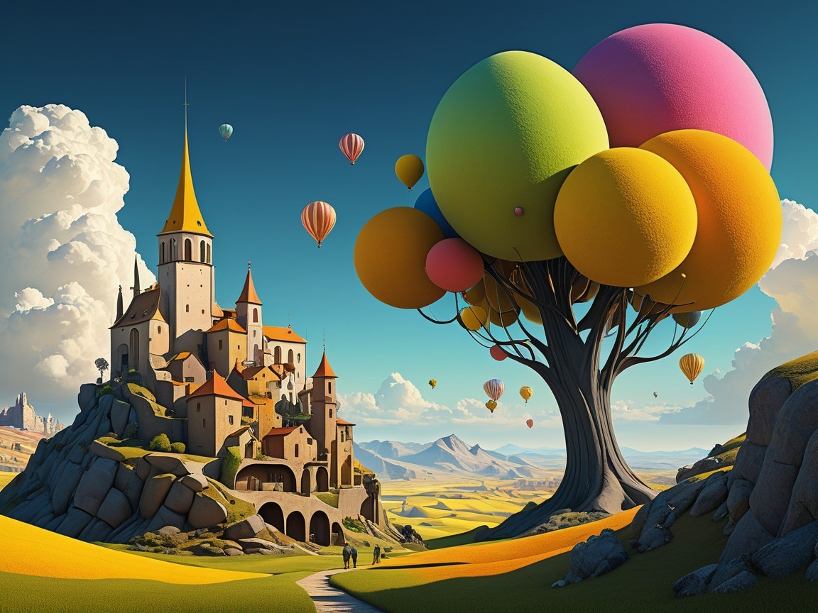 Whimsical Landscape with Fairytale Castle and Balloons
