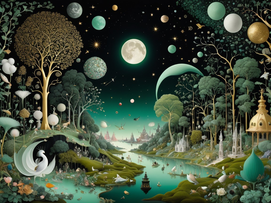 Fantastical Landscape with Trees and Celestial Bodies