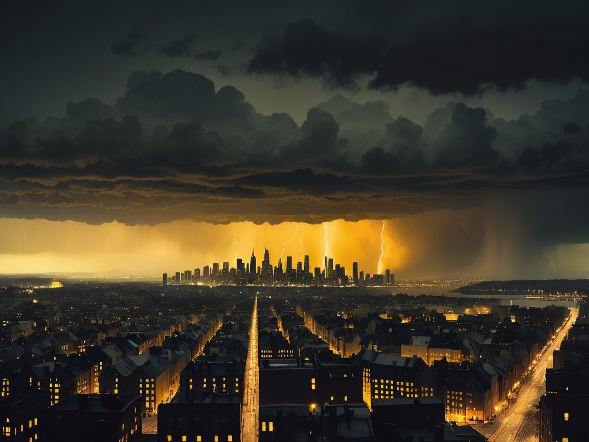 Dramatic City Skyline Under Dark Clouds and Lightning