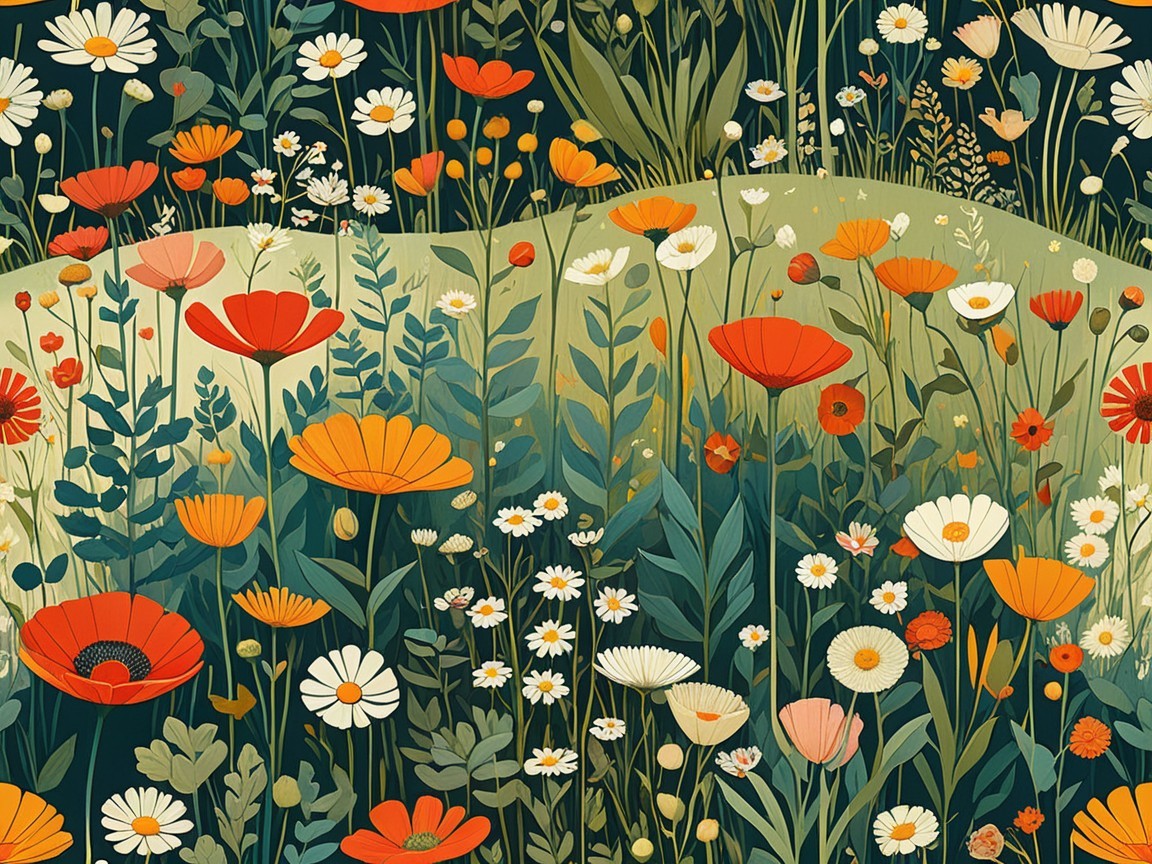 Vibrant Illustration of a Wildflower Meadow Scene
