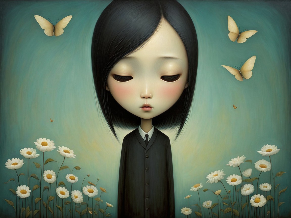Dreamy Artwork of Girl in Daisies with Butterflies