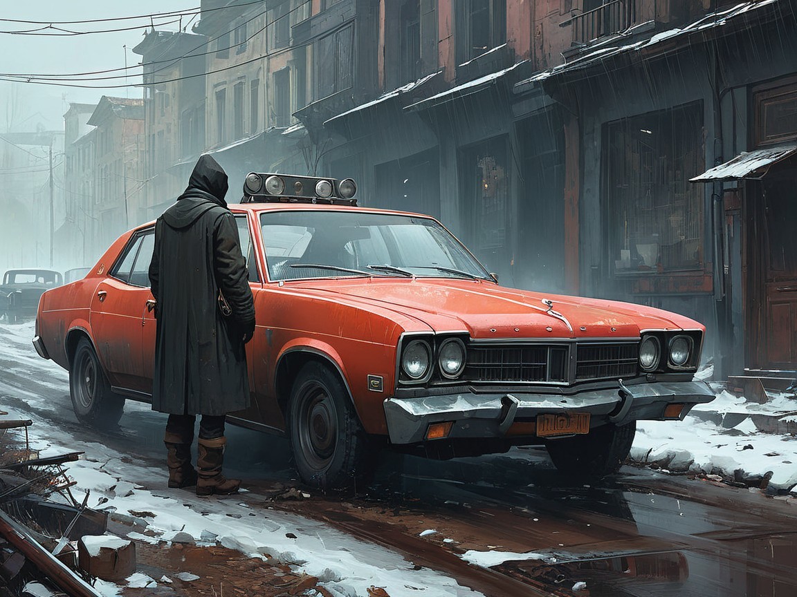 Lone Figure by Vintage Car on Snowy Urban Street
