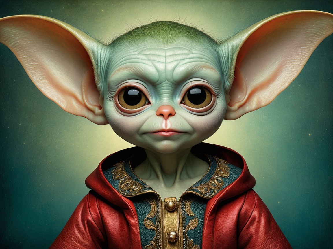 Whimsical Character in Red Robe with Expressive Features