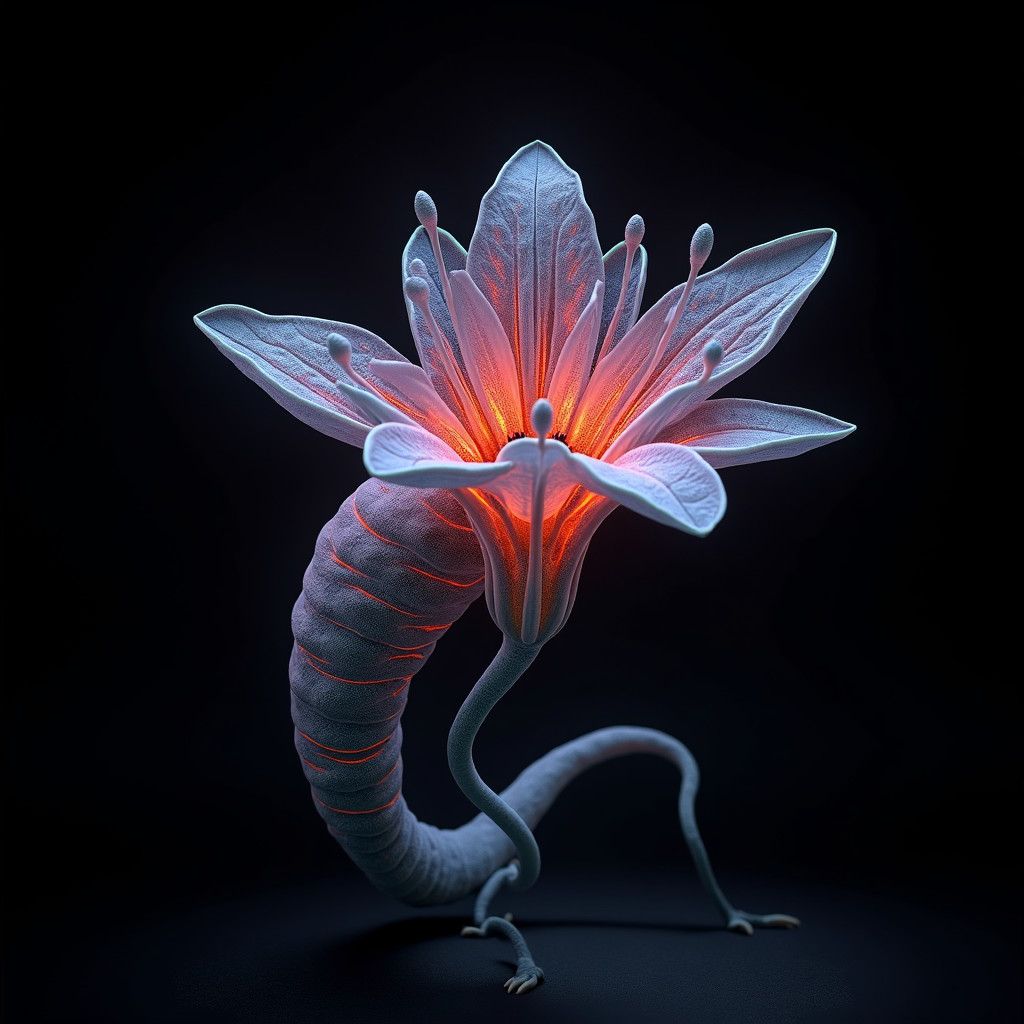 Surreal Plant Creature with Luminescent Flowers