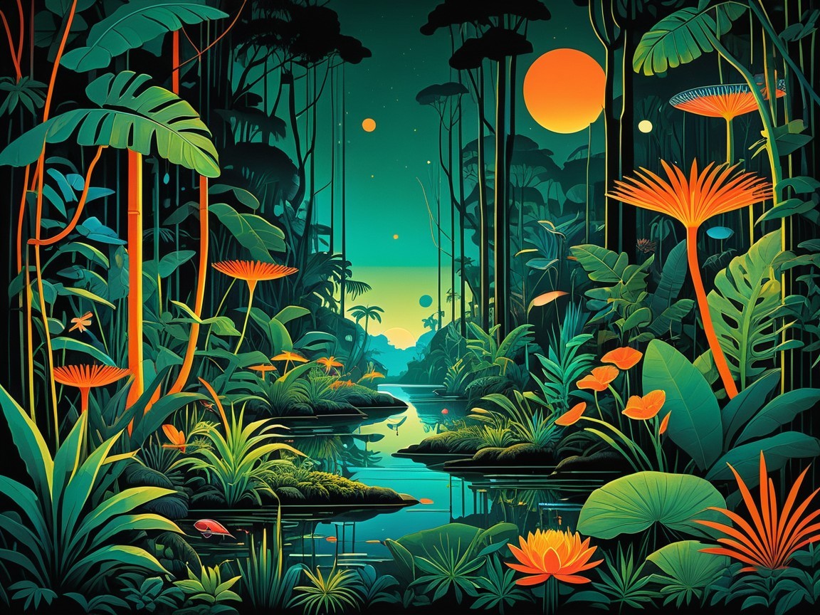 Vibrant Jungle Scene with Tropical Flora and Fauna